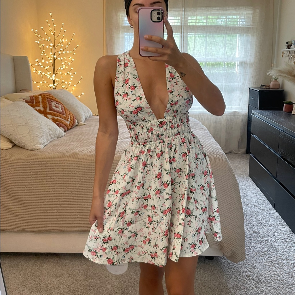 Adorable White Floral Print Cut Out Back Shirred Low Cut Dress